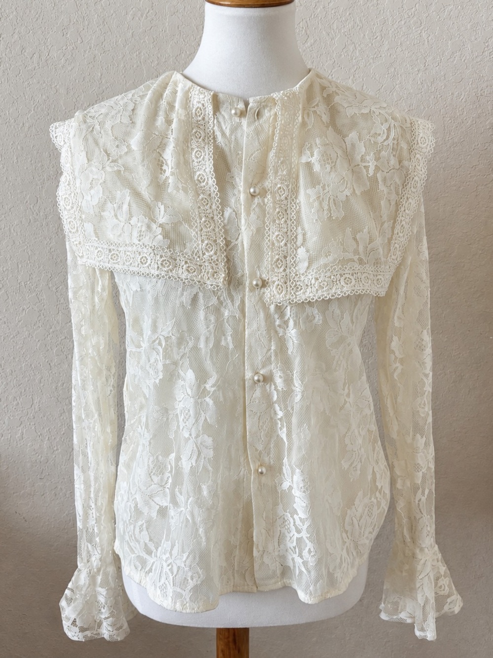 RDY by Rdy Pham Ivory Victorian Lace Blouse Pearl Button Long Sleeve Peasant Top